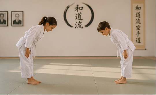 Kinder verbeugen sich im Dōjō